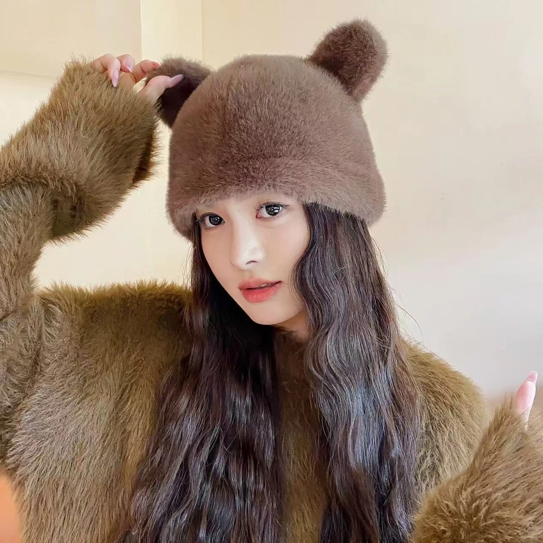 【D1630】冬季仿貂小熊耳朵帽