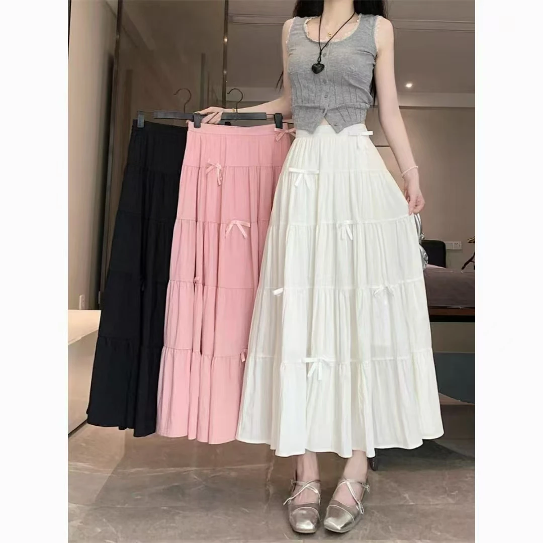 白色显瘦半身裙蝴蝶结蛋糕裙中长款A字裙大摆裙伞裙显瘦高腰长裙