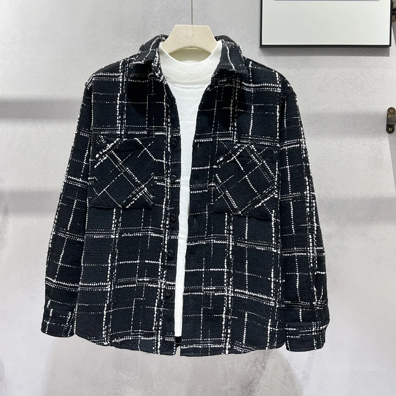 小香风格子衬衫男装长袖上衣春秋季文艺潮流时尚休闲宽松衬衣外套