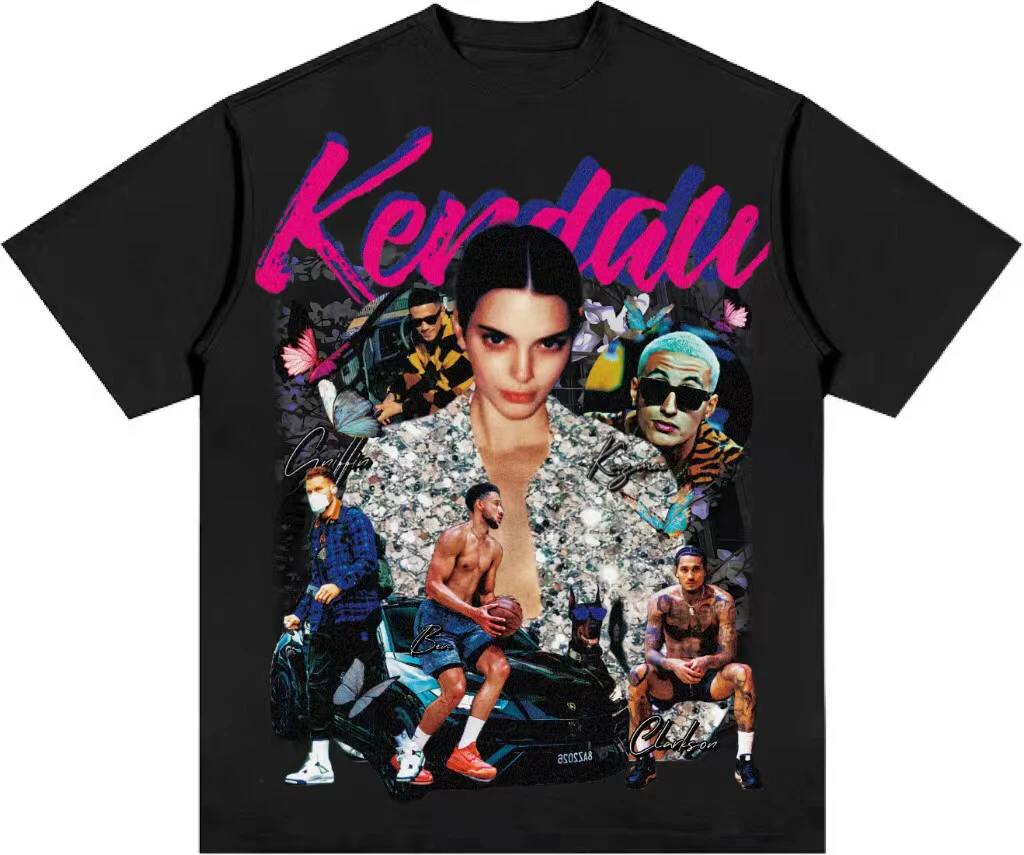 WZW美式篮球肯豆直喷印花T恤潮男女宽松休闲复古上衣