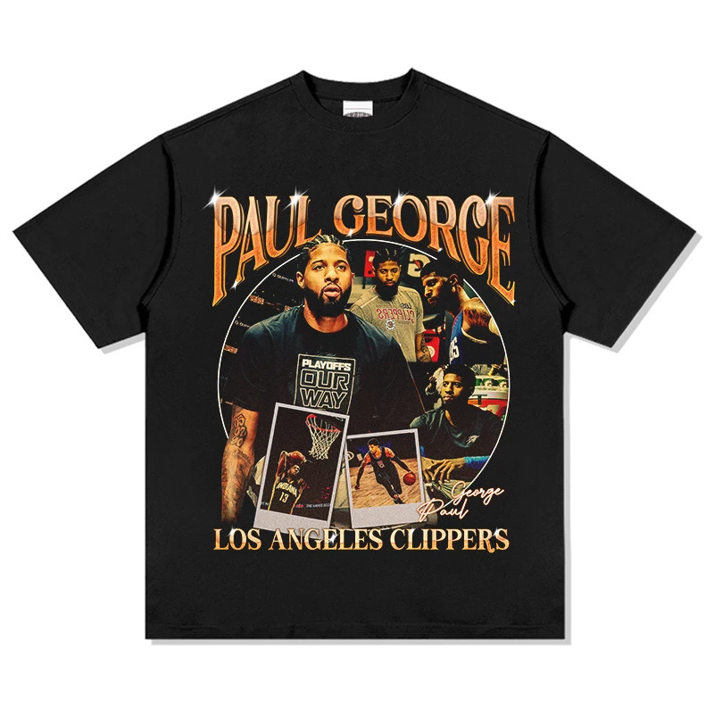 WZW美式篮球乔治印花T恤水洗潮流秋男女宽松直喷休闲复古上衣