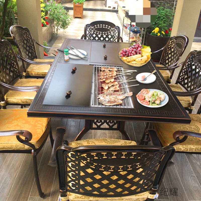 户外烧烤桌庭院别墅花园室外露天铝合金桌椅电烤炭烤火锅铸铝桌椅