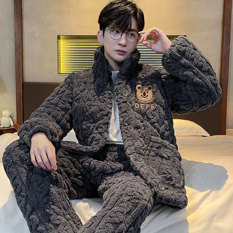 新款珊瑚绒三层夹棉加绒加厚大码秋冬男士睡衣卡通小熊家居服睡衣