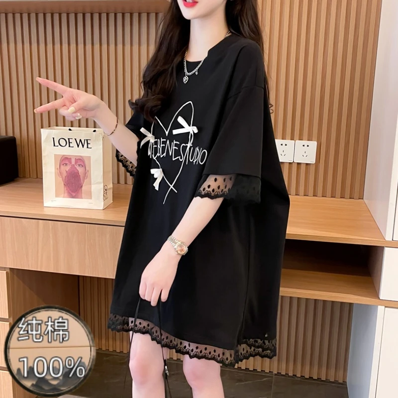 夏季新款蕾丝设计感假两件纯棉短袖t恤女大码中长款遮屁股上衣女