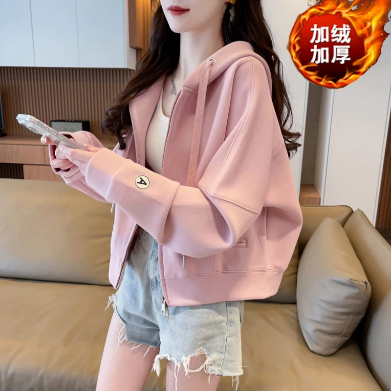 洋气减龄连帽加绒外套开衫女新款秋冬季宽松慵懒风百搭超好看外套