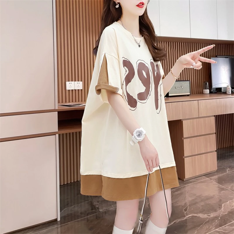 大码夏季中长款短袖t恤女假两件字母设计感小众韩版宽松上衣服潮