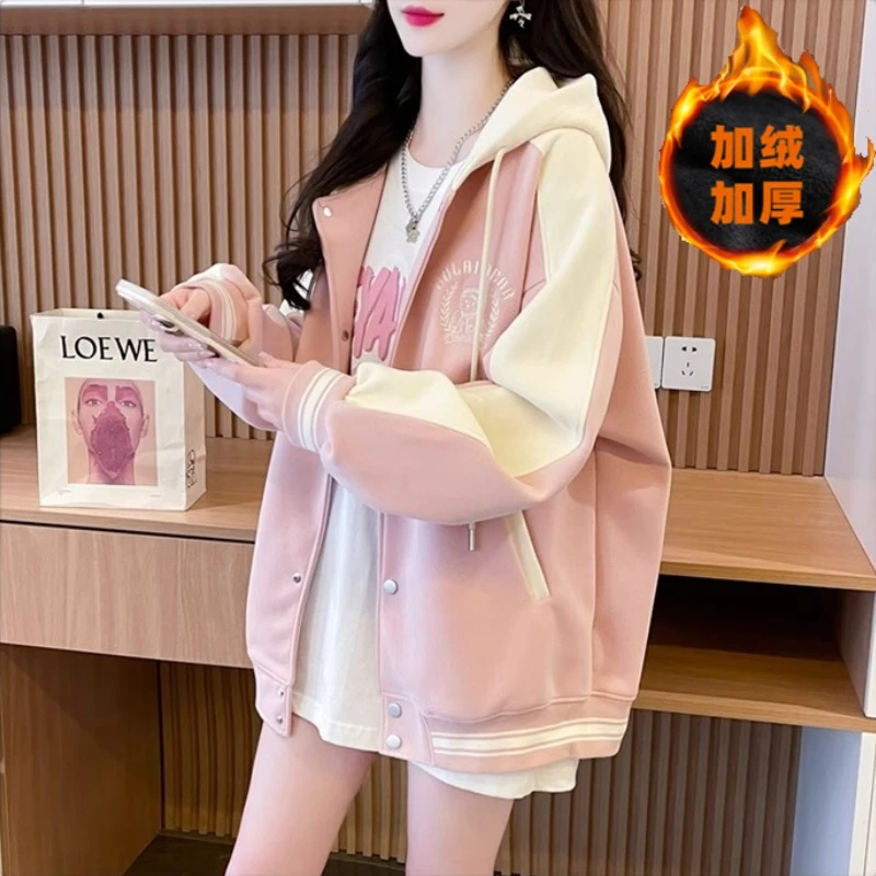 秋冬时尚加绒外套女初高中学生女洋气减龄网红宽松连帽学生百搭女