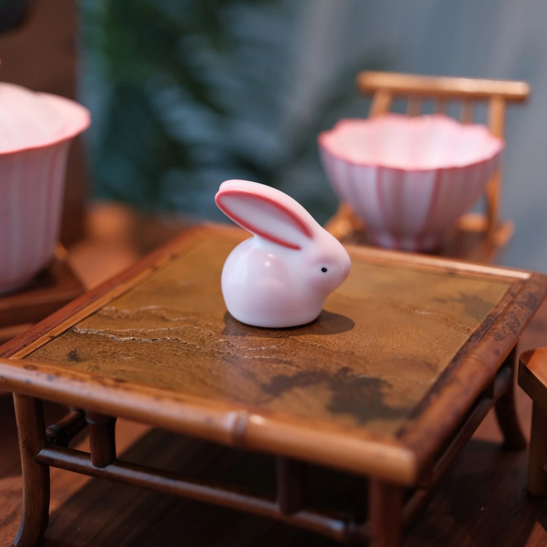 红粉猪油冻茶宠兔子摆件红胎汝窑功夫茶具