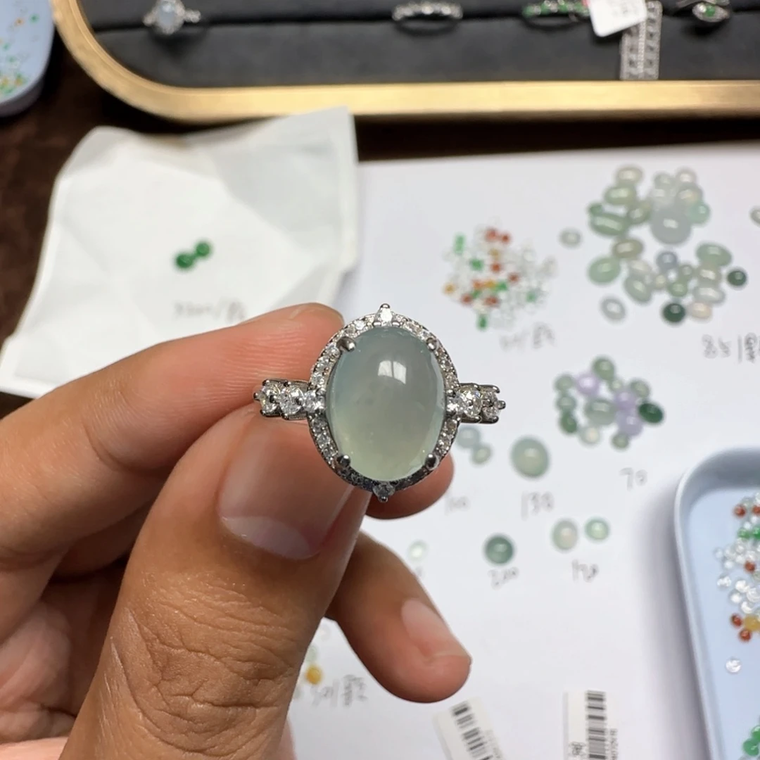 翡翠戒指银S925镶嵌缅甸天然翡翠