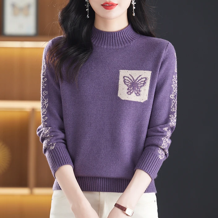 半高领保暖针织衫上衣女宽松大码显瘦毛衣2024秋冬新款洋气打底衫