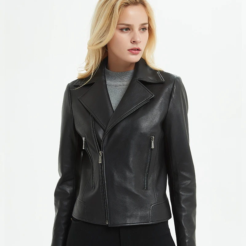 海宁真皮皮衣女士短款绵羊皮时尚经典机车外套夹克翻领女装修身