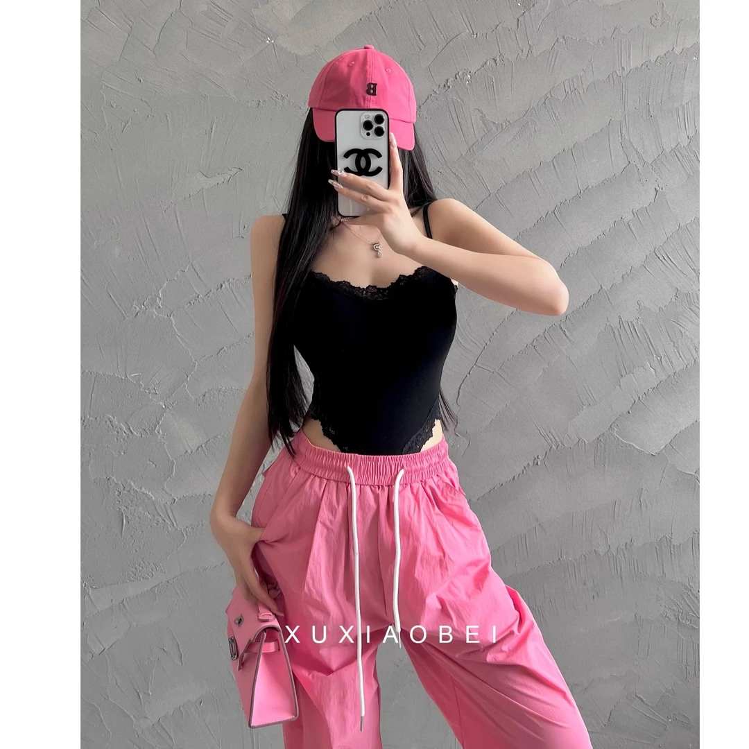 外穿辣妹性感露背紧身显瘦宽松蕾丝边连体吊带背心红色夏季