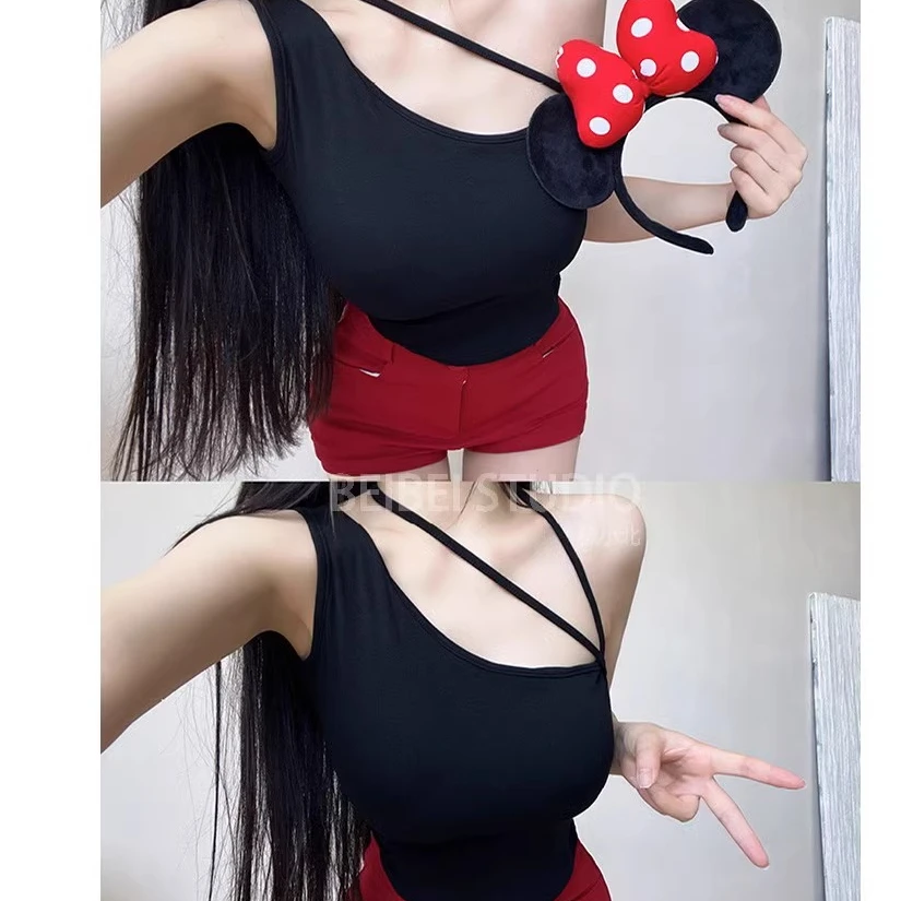 M5530【尺度拿捏】斜肩短款吊带背心女夏季修身弹力带胸垫上衣