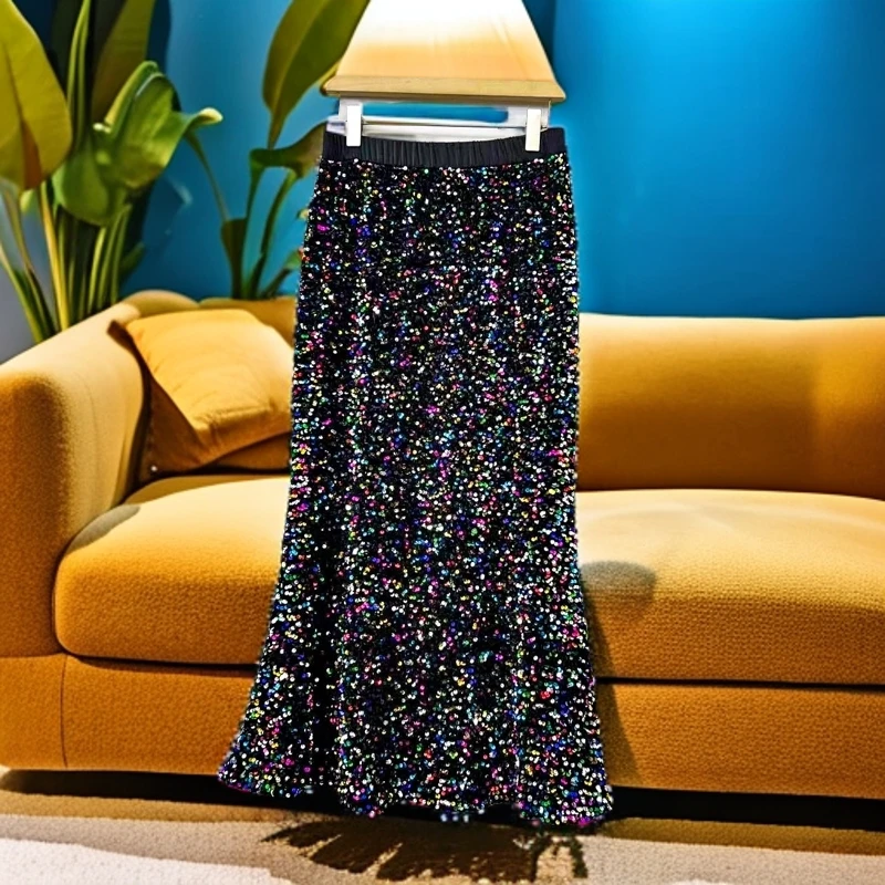 【鱼美人】秋冬丝绒大摆亮片鱼尾裙洋气时尚百搭气质长款显瘦半身裙