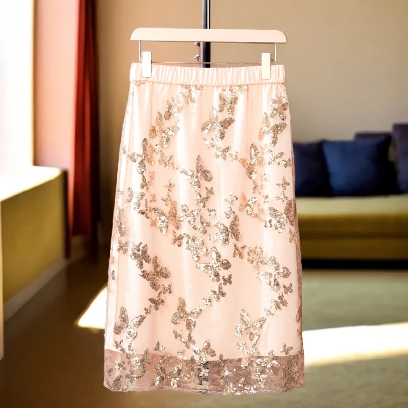 【翩翩起舞】夏新款蕾丝网纱珠片中长款亮闪闪时尚洋气显瘦半身裙