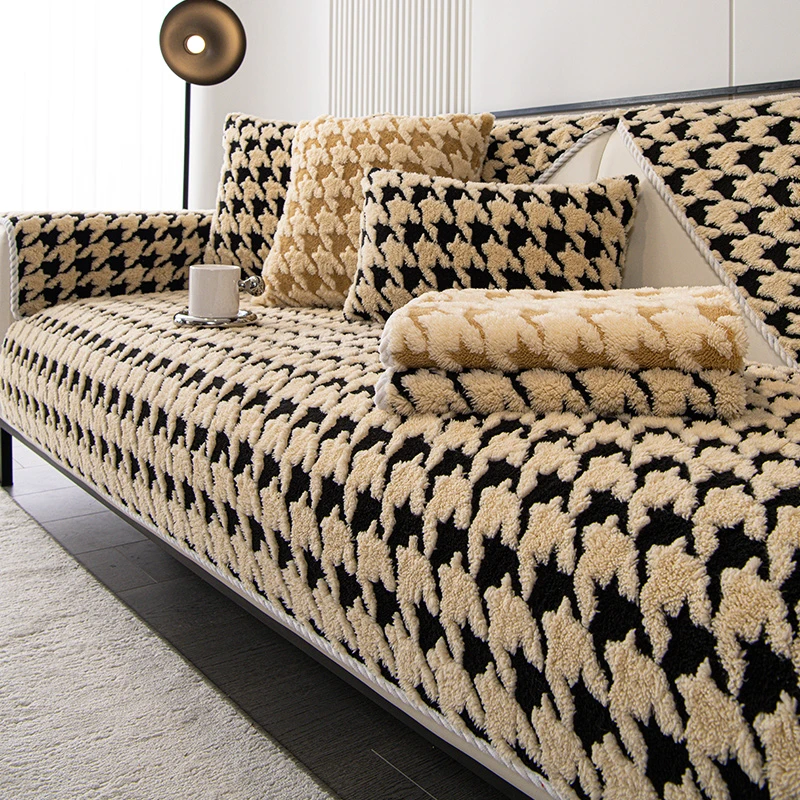 千鸟格沙发垫冬季加厚毛绒坐垫子防滑皮沙发套罩高档北欧简约冬款