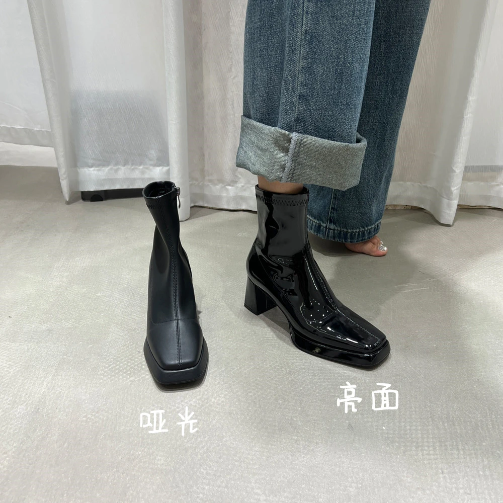 2023秋冬新款方头防水台气质感短靴时装瘦瘦靴高跟粗跟百搭女靴