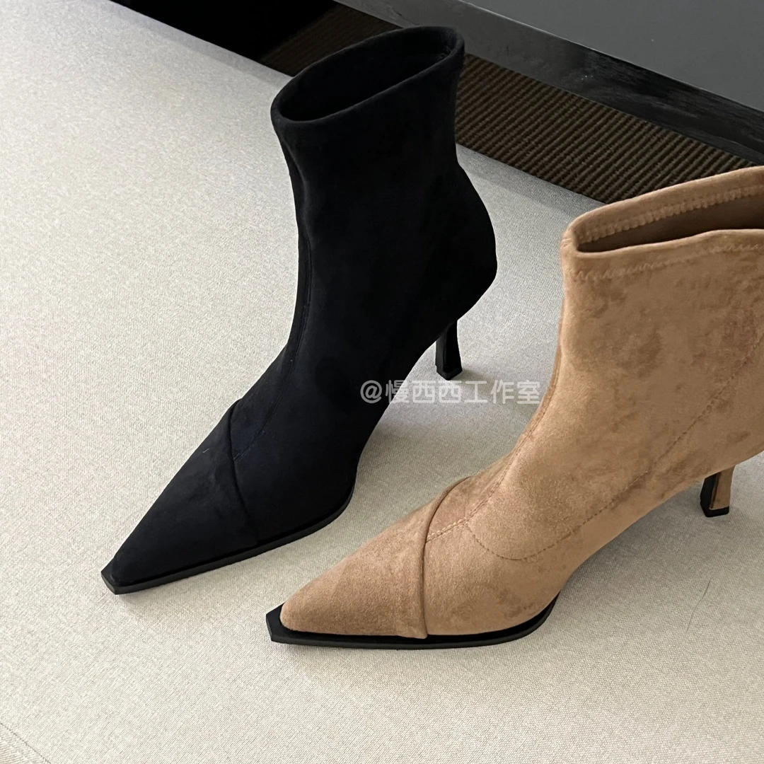 软面高跟尖头绒面卡其色瘦瘦靴短靴2025秋冬新款单靴韩系小裸靴子