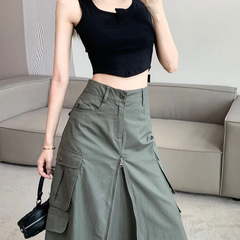 美式复古半身裙女夏季高腰显瘦A字包臀裙设计感拉链后开叉工装裙