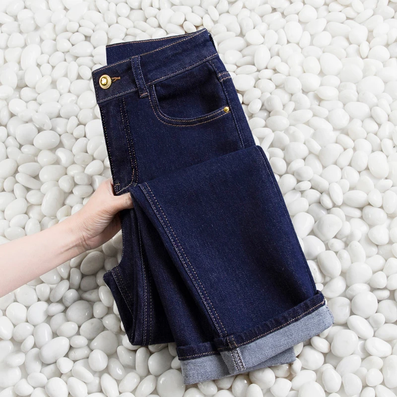深蓝色烟管裤窄版直筒牛仔裤女2024春季新款小个子高腰宽松显瘦裤