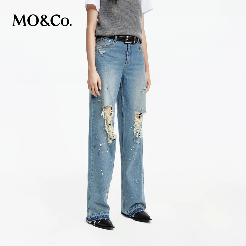 MOCO春季手缝钻破洞拉须怀旧洗磨土耳其棉牛仔裤MBD1JENK03