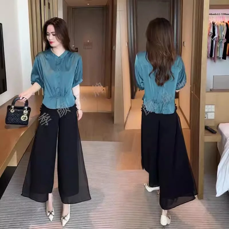 高级感时尚冰丝雪纺衫女宽松显瘦小衫2024夏季新款小个子减龄上衣