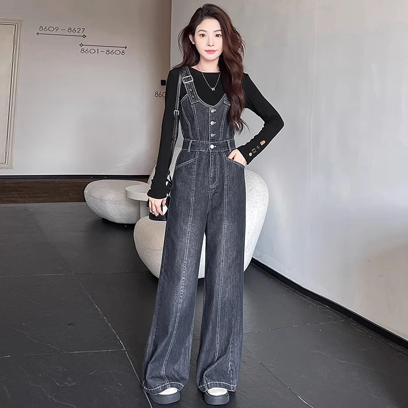 复古洗水牛仔背带裤套装女2024秋季新款显瘦高腰连体阔腿裤两件套
