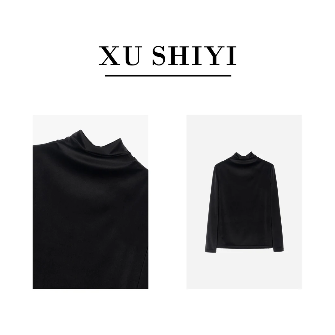 【墨婉】秋冬新款打底衬衫女士黑色高级感长袖堆堆领上衣E6665