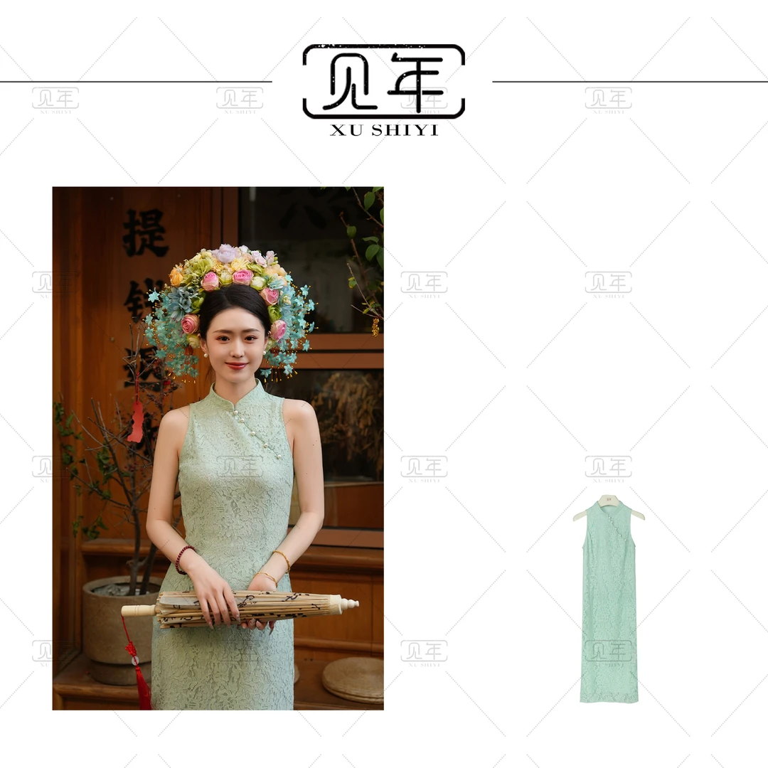 见年【薄荷曼波】新中式国风斜襟钉珠无袖旗袍连衣裙F8222
