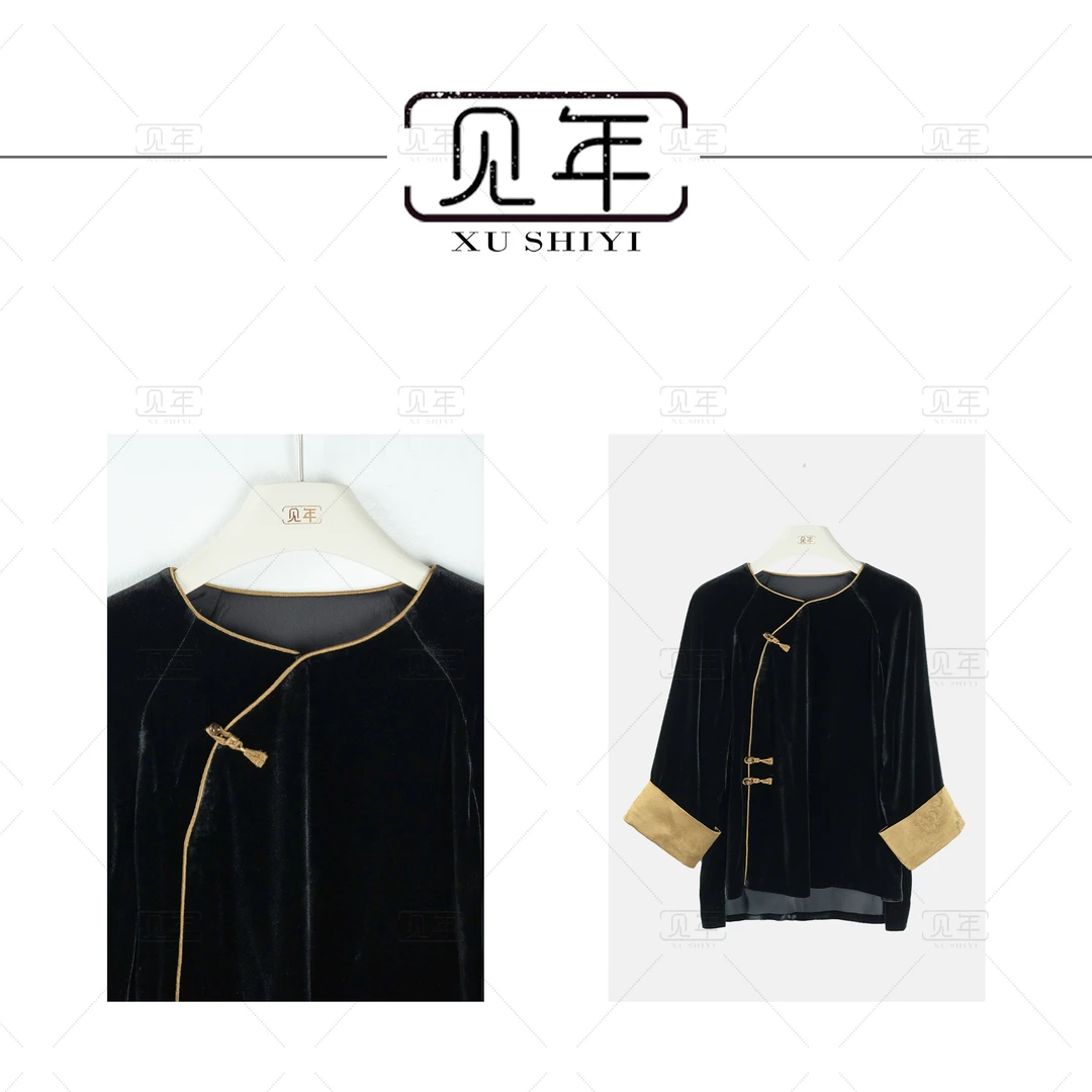 见年【归晚】桑蚕丝新中式国风圆领斜襟盘扣丝绒拼接上衣衬衫F8393