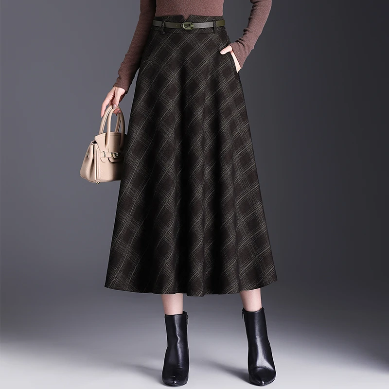 咖色格纹毛呢裙高腰显瘦裙子A字女秋冬新款遮胯半身裙中长款a字裙