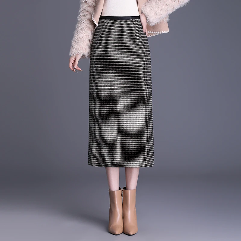 千鸟格毛呢知性优雅一步裙中长款2024秋冬新款高腰显瘦洋气中长款