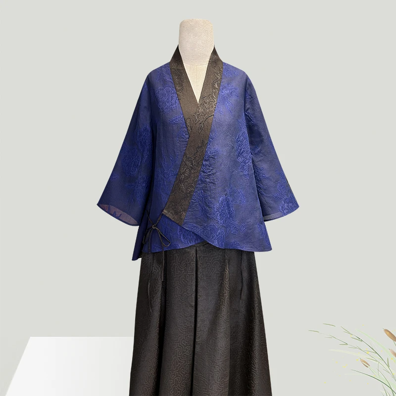 月下微凉  蓝风铃桑蚕丝古风新中式对襟交领两面穿外套