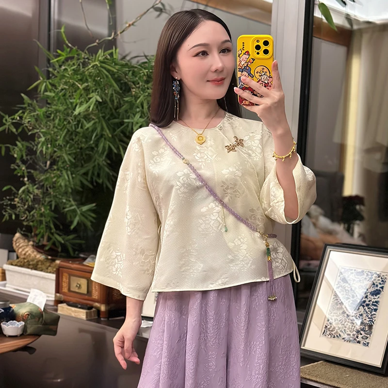 718店庆福利｜茉莉花交织真丝圆领斜襟新中式小衫夏上衣七分袖