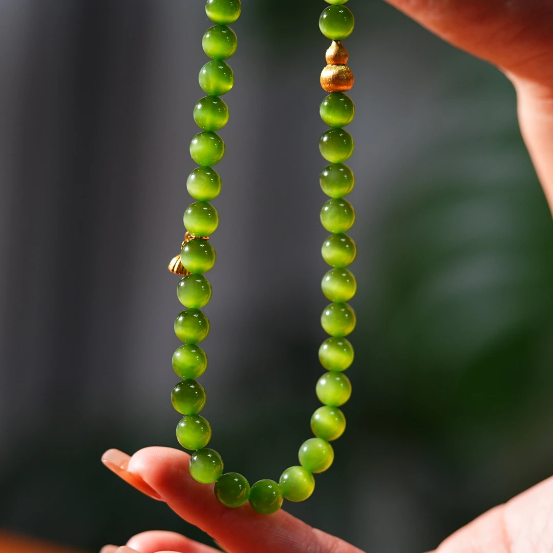 【小浩珠宝】天然和田玉碧玉冰底绿猫猫眼8mm项链妈妈链简约百搭