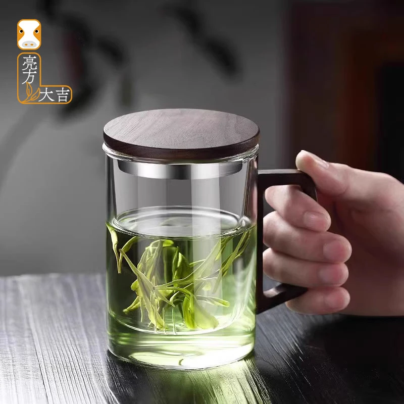 茶叶杯玻璃茶水分离过滤办公家用喝水杯木把加厚耐高温茶道杯带盖