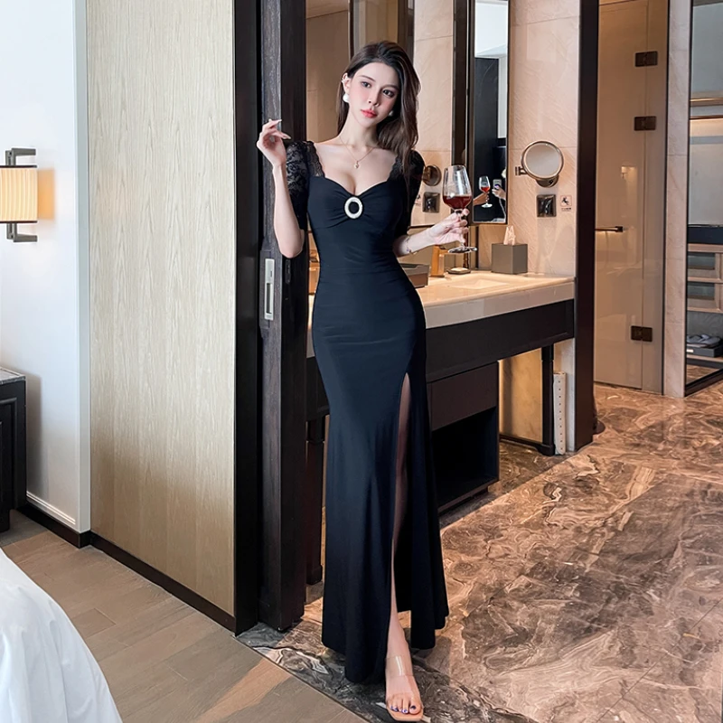 夜总店蕾丝气质性感连衣裙晚礼服显瘦修身长裙时尚秋冬季连衣裙