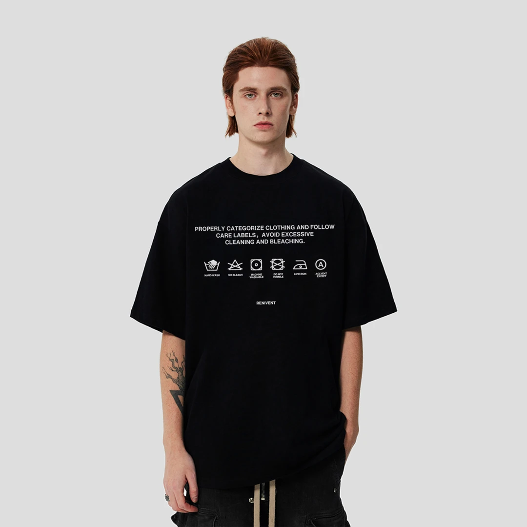REINVENT水洗标字母印花圆领短袖宽松休闲基础百搭休闲个性黑色