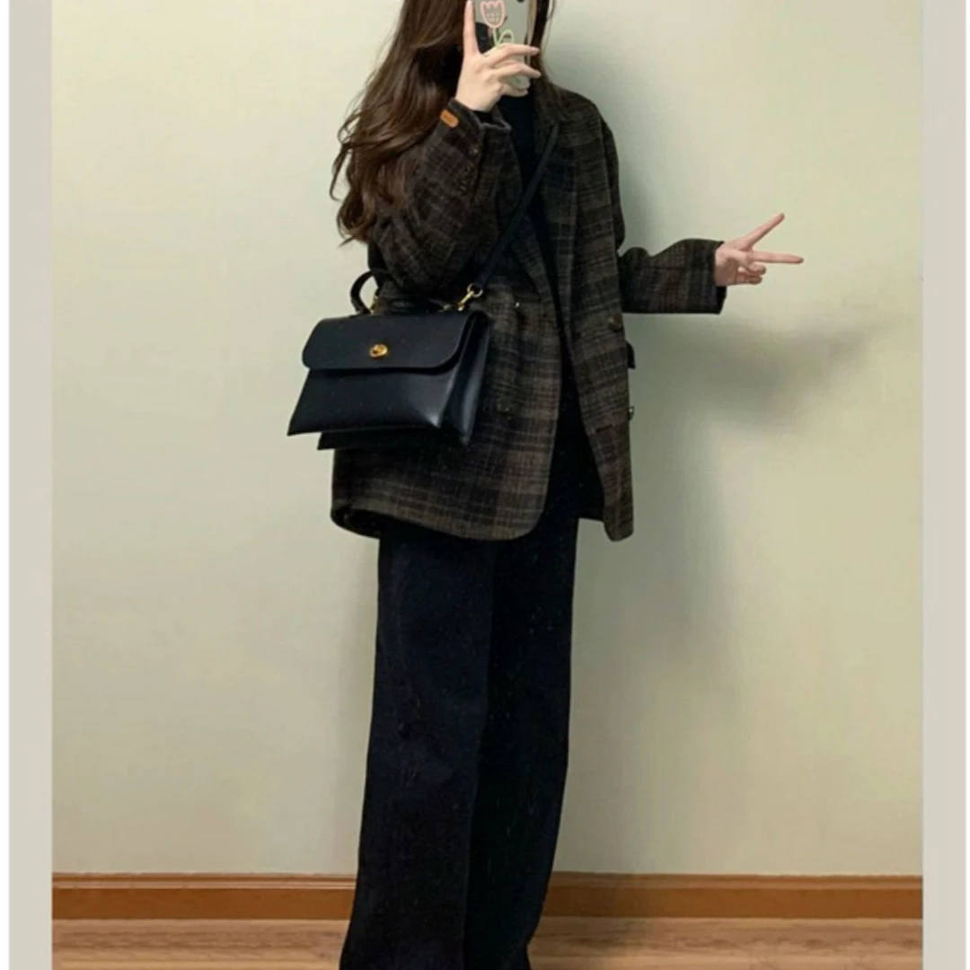 爆款格子西装妮子大衣女秋冬高级毛呢外套2024新款小个子加厚外套