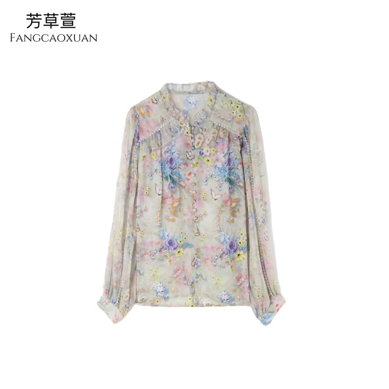 米娅 2023春季新印花时尚上衣女显瘦百搭长袖碎花衬衫 DY2289