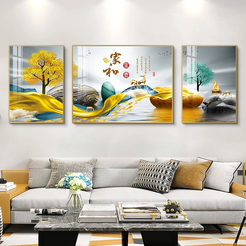 客厅沙发背景墙挂画装饰画现代简约抽象北欧轻奢壁画三联晶瓷壁画