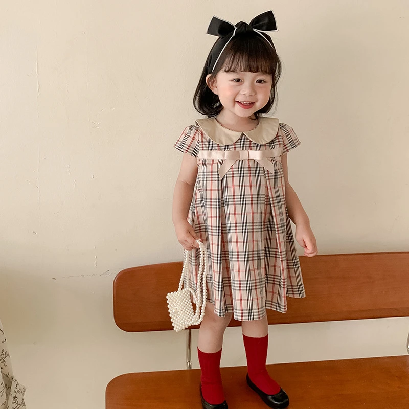 【宝宝格】夏季女童格子连衣裙洋气儿童短袖裙宝宝蝴蝶结裙子