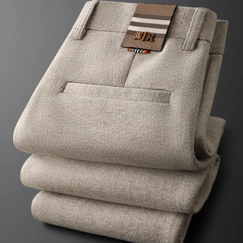 轻奢高档羊毛绒质感休闲商务裤男秋冬加厚修身直筒男士绅士休闲裤