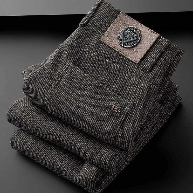 轻奢深冬季加厚款保暖磨毛呢裤男修身小直筒咖啡色商务休闲裤男士