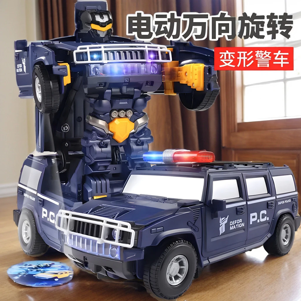 儿童电动变形警车万向旋转自动变形机器人金刚模型生日过年礼物