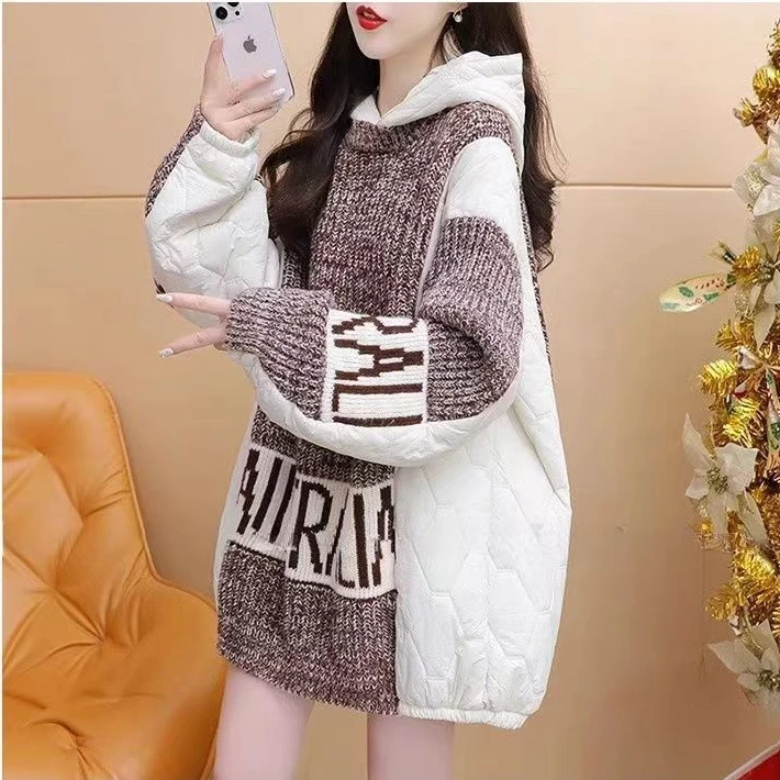 秋季爆款棉服拼接中长款毛衣女士新款春秋宽松慵懒风厚款上衣连帽