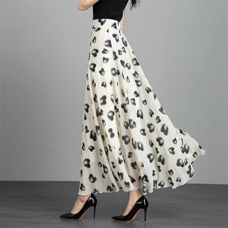 垂感大摆半身长裙夏新款雪纺裙女百搭心形印花高腰清新a字仙女裙