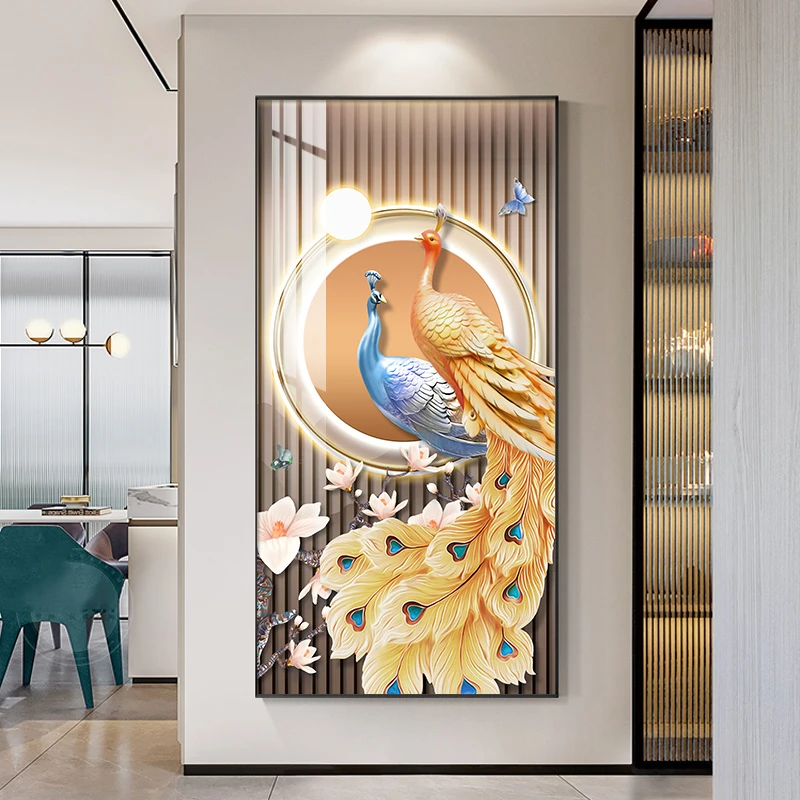 艺环宇【严选xg】孔雀入户玄关大气立体镶嵌轻奢玄关装饰画竖款