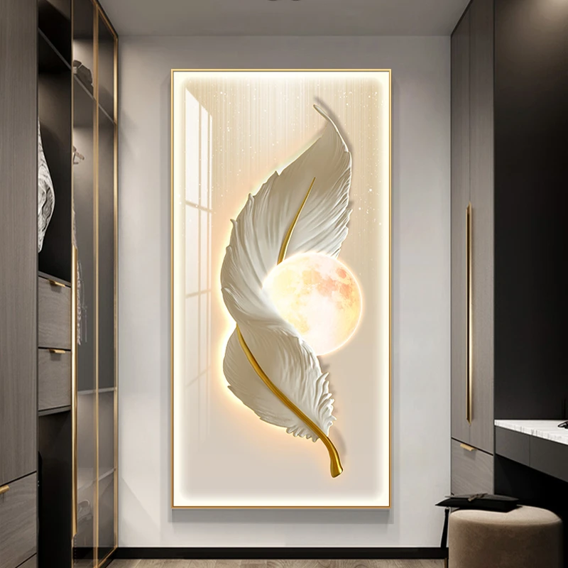 艺环宇【严选xg】玄关装饰画简约羽毛走廊过道挂画大气发光轻奢灯画