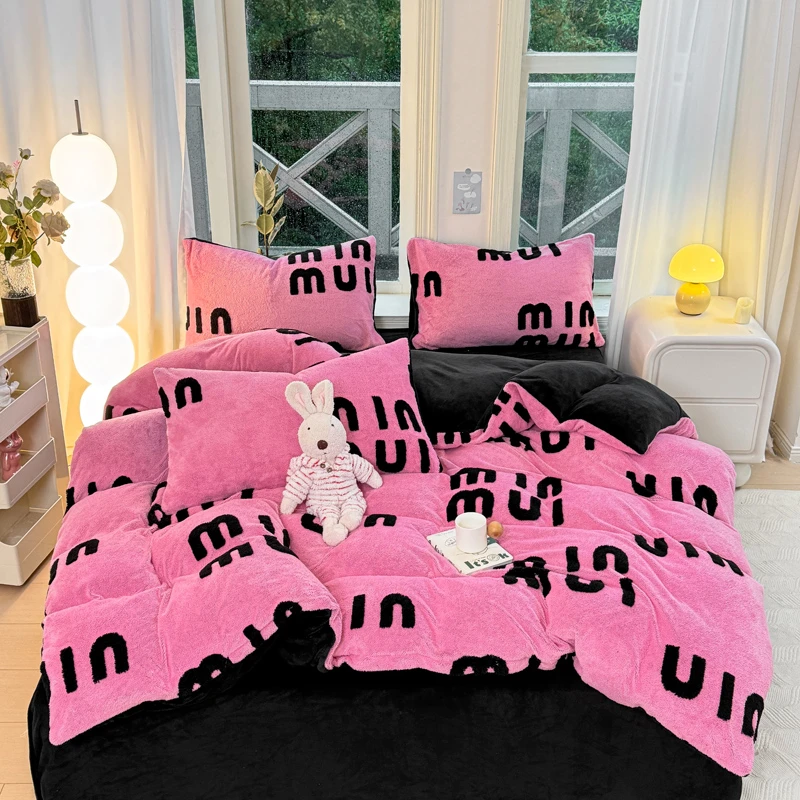 加厚牛奶绒四件套提花牛奶绒被套加绒床单冬季保暖宿舍三件套被套